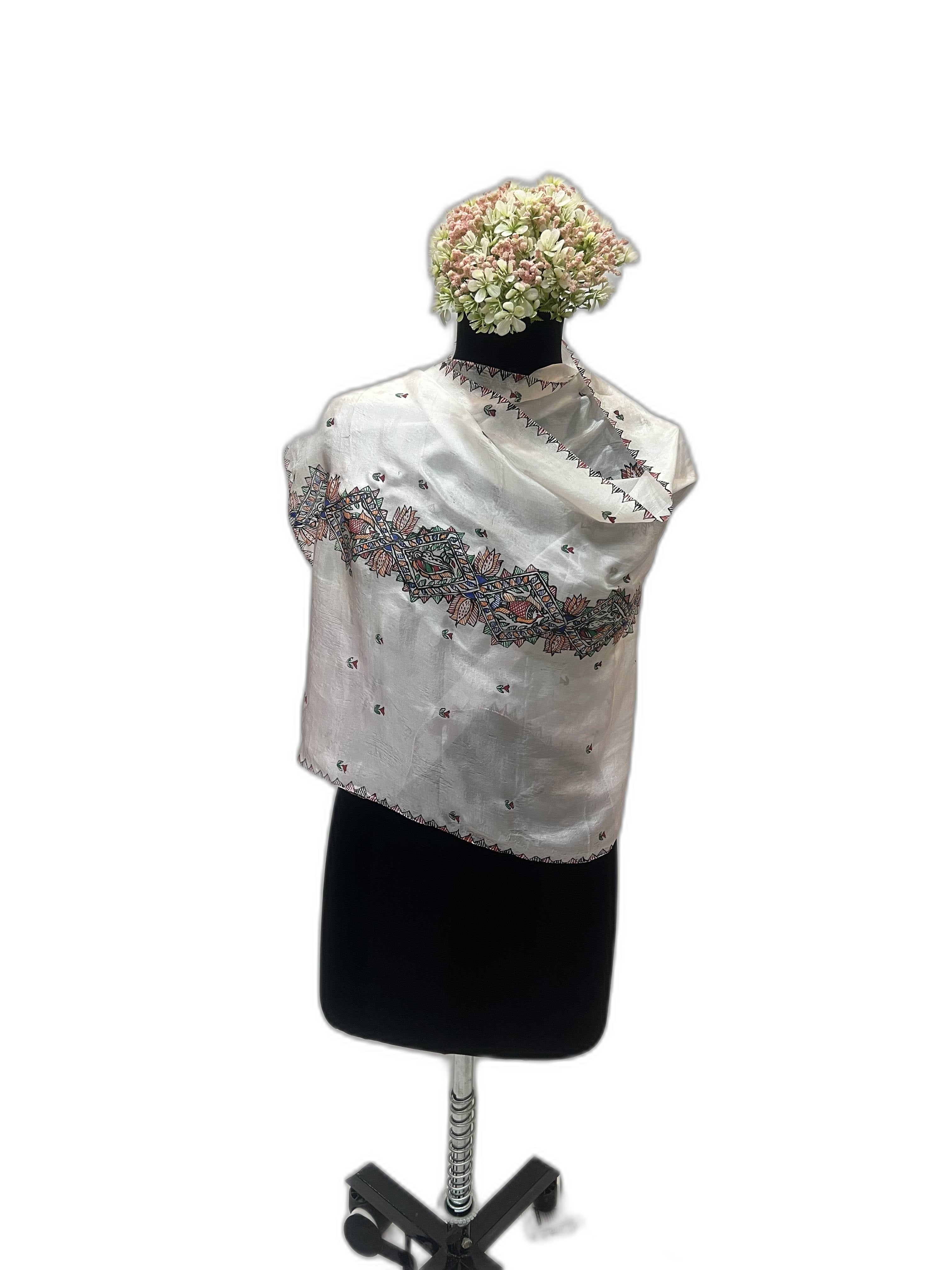 Handpainted Madhubani Stole on Tabby Silk with Fish and Peacock motif